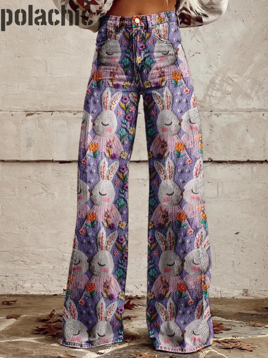 Fleur Lapin Imprimé Vintage Western Chic Lâche Coton Boutons Pantalon A / S