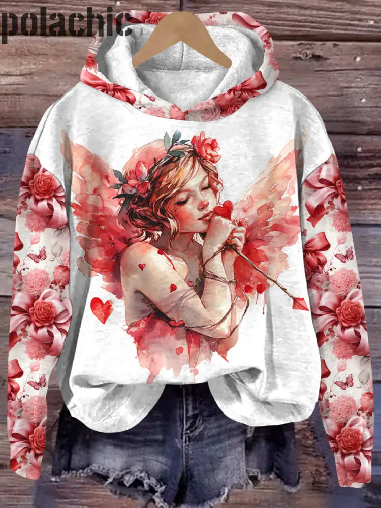 Fleurs De Cupidon La Saint-Valentin Imprimé Col Rond Pull Lâche À Capuche Manches Longues A / S