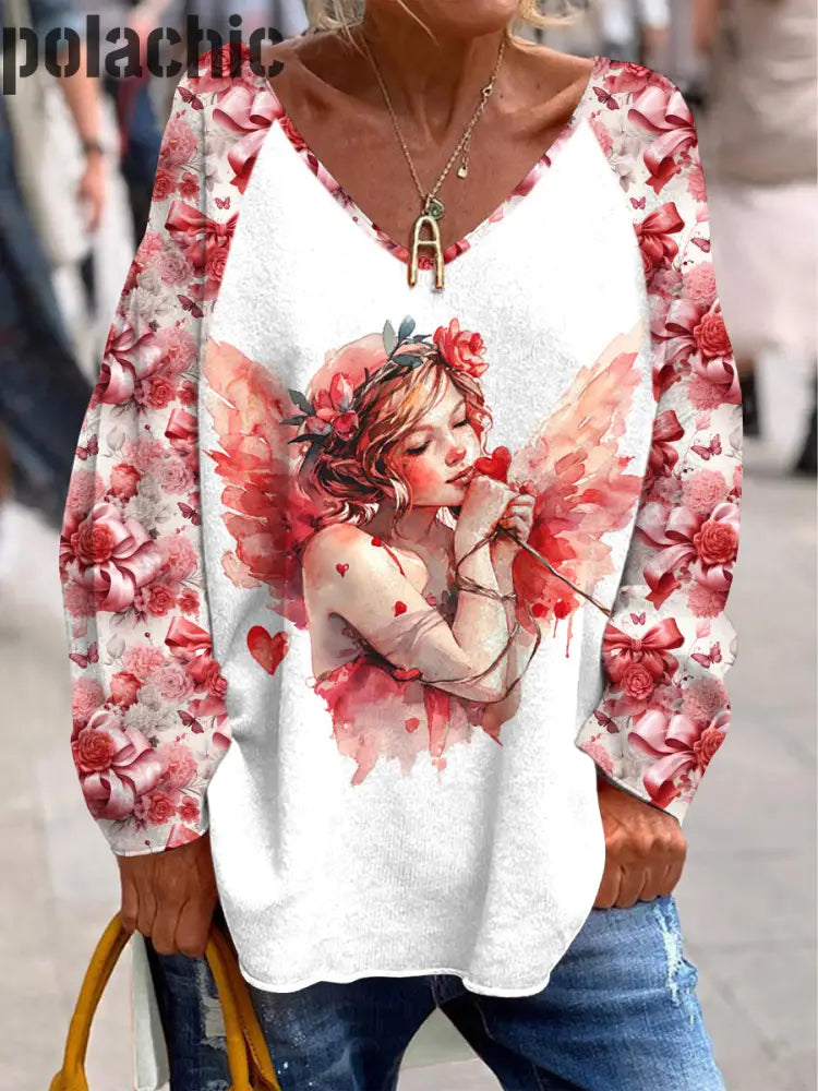 Fleurs De Cupidon Saint-Valentin Imprimer À La Mode Col En V Pull Décontracté Lâche Manches