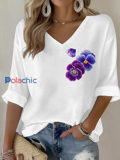 Fleurs violettes Art Design Imprimer Waffle T-shirt à manches longues pour femmes Blanc / S