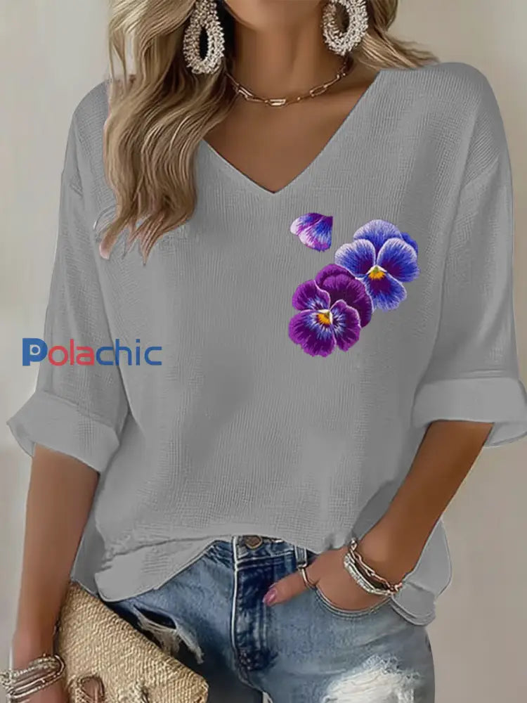 Fleurs violettes Art Design Imprimer Waffle T-shirt à manches longues pour femmes Gris / S