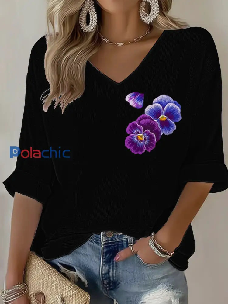 Fleurs violettes Art Design Imprimer Waffle T-shirt à manches longues pour femmes Noir / S