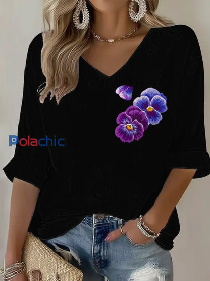 Fleurs violettes Art Design Imprimer Waffle T-shirt à manches longues pour femmes Noir / S