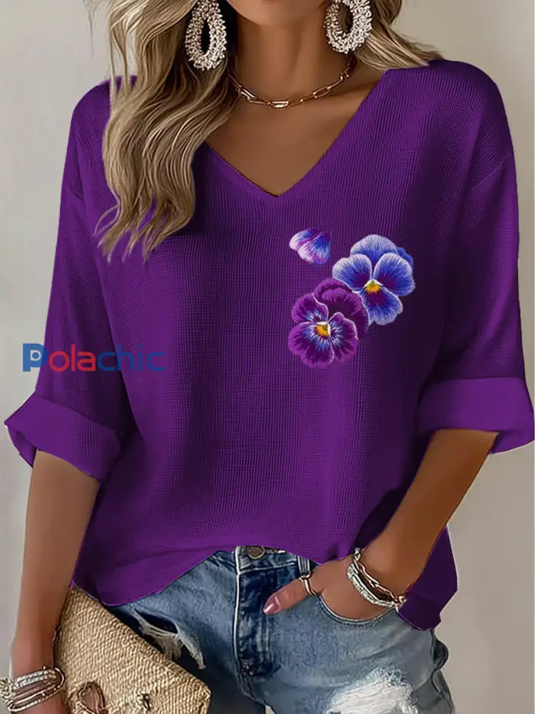 Fleurs violettes Art Design Imprimer Waffle T-shirt à manches longues pour femmes Violet / S