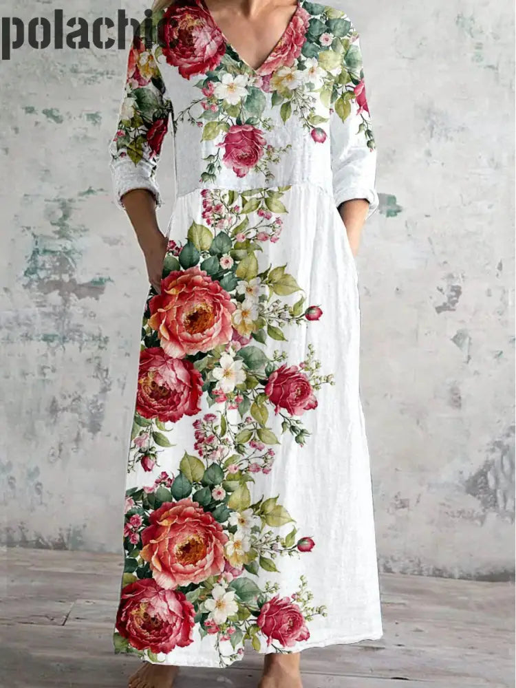 Floral Art Print Chic Col V À Manches Longues Élégant Midi Dress