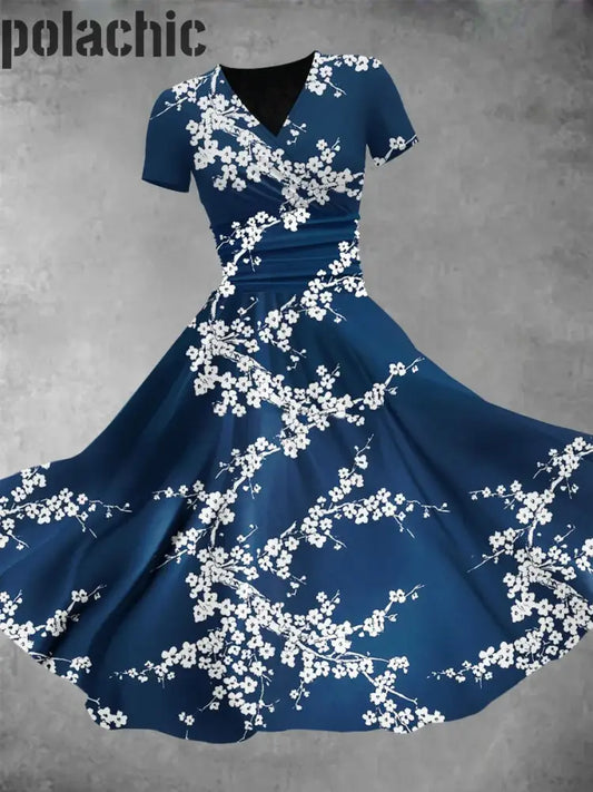 Floral Art Print Retro Chic Col En V À Manches Courtes Élégante Robe Midi Bleue