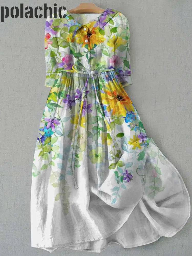 Floral Design Art Imprimé Col Rond Boutonné À La Taille Mi-Manches Robe Midi A / S