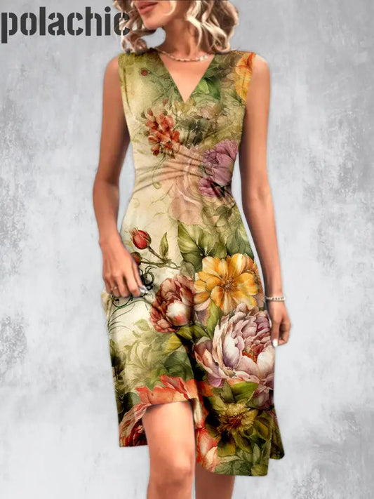 Floral Design Art Imprimé Col V Sans Manches Plissé Mode Midi Robe A / S