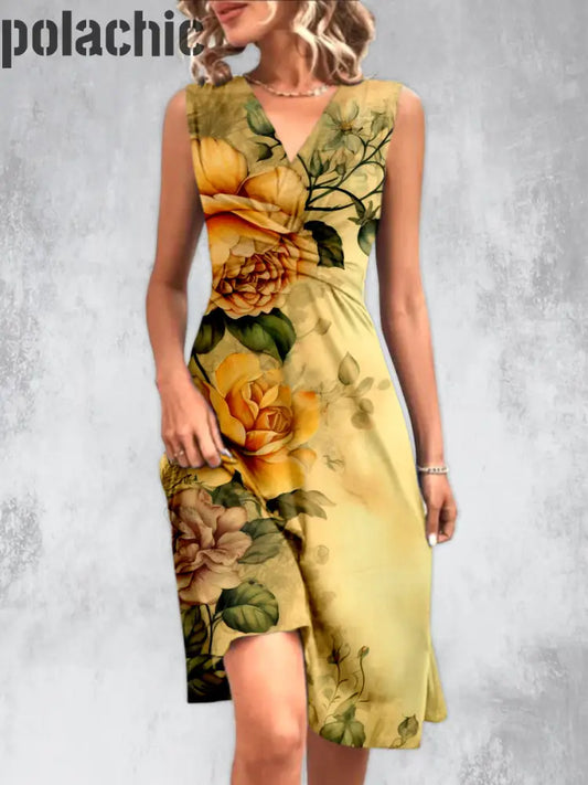 Floral Design Art Imprimé Col V Sans Manches Plissé Mode Midi Robe A / S