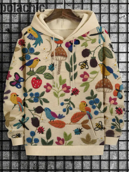 Floral Insect Birds Plant Embroidery Pattern Print Hoodie Khaki / S