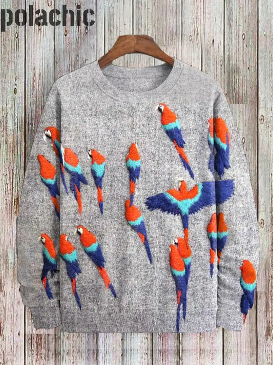 Flying Parrot Bird Felt Embroidery Print Sweatshirt Gray / S