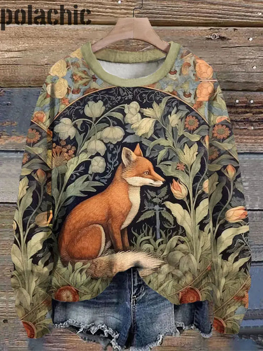 Fox Forest Flowers Imprimé Col Rond Pull Loose À Manches Longues Sweatshirt A / S