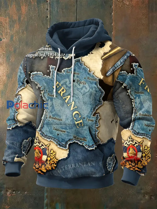 Français carte Denim Print Patchwork Vintage Sweatshirt pour hommes Multicolore / S