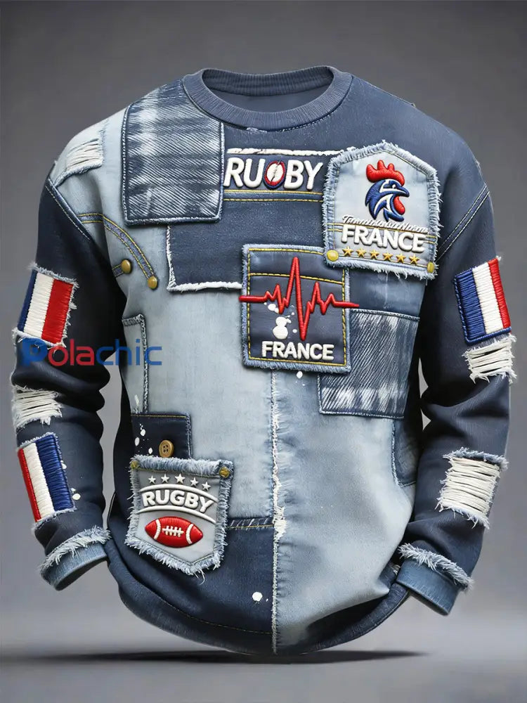Français de Rugby Coq Vintage Denim Patchwork Imprimer T-shirt à manches longues pour hommes Bleu / S