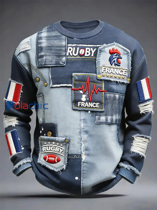 Français de Rugby Coq Vintage Denim Patchwork Imprimer T-shirt à manches longues pour hommes Bleu / S