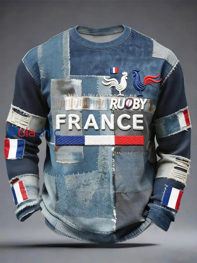 Français Rugby Vintage Denim Patchwork Imprimer T-shirt à manches longues pour hommes Bleu / S
