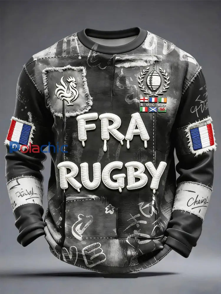 Français Rugby Vintage Patchwork Imprimer Mode T-shirt à manches longues pour hommes Noir / S