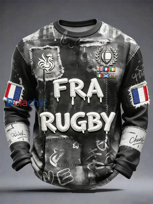 Français Rugby Vintage Patchwork Imprimer Mode T-shirt à manches longues pour hommes Noir / S
