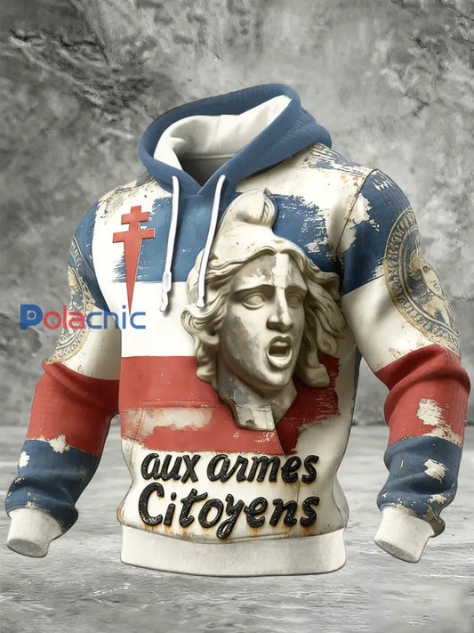 Français Vintage Sculpture Art Print Check coton Sweat à capuche pour hommes