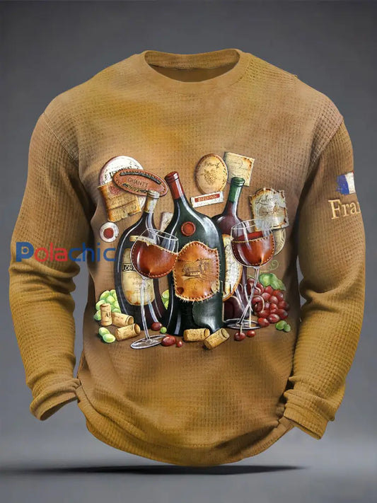 French Wine Print Vintage Caramel T-shirt à manches longues pour hommes Couleur Caramel / S