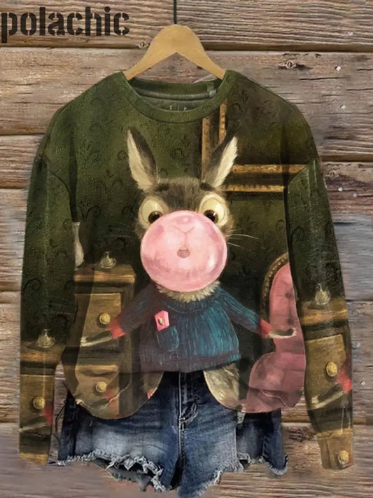 Fun Bunny Art Peinture Imprimer Casual Crew Neck Top