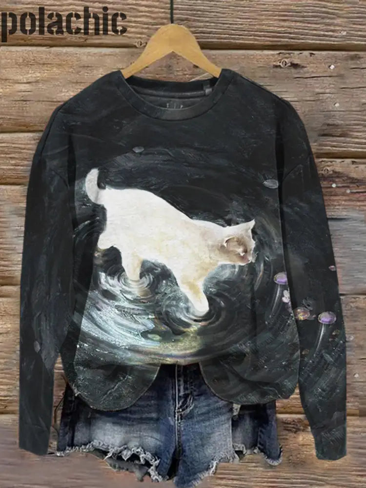 Fun Cat Art Peinture Imprimer Casual Crew Neck Top