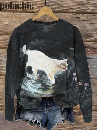 Fun Cat Art Peinture Imprimer Casual Crew Neck Top A / S