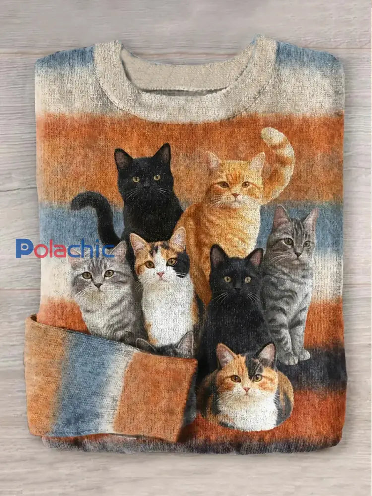 Fun Cat Pattern Art Print Ras du cou Pull pour femmes comme image / S