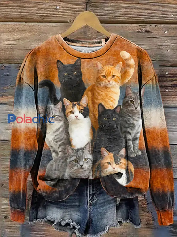 Fun Cat Pattern Art Print Sweat-shirt régulier des femmes comme image / S
