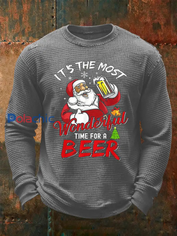 Funny Christmas Santa Claus Imprimer Waffle T-shirt à manches longues pour hommes Gris / S