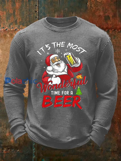 Funny Christmas Santa Claus Imprimer Waffle T-shirt à manches longues pour hommes Gris / S