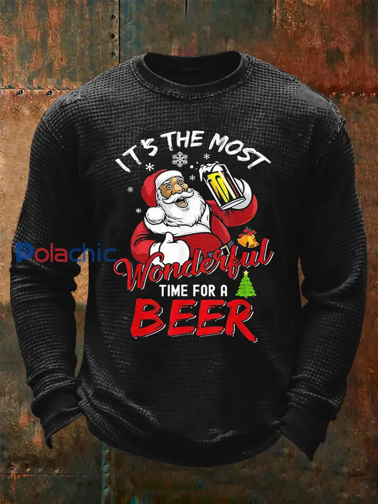 Funny Christmas Santa Claus Imprimer Waffle T-shirt à manches longues pour hommes Noir / S