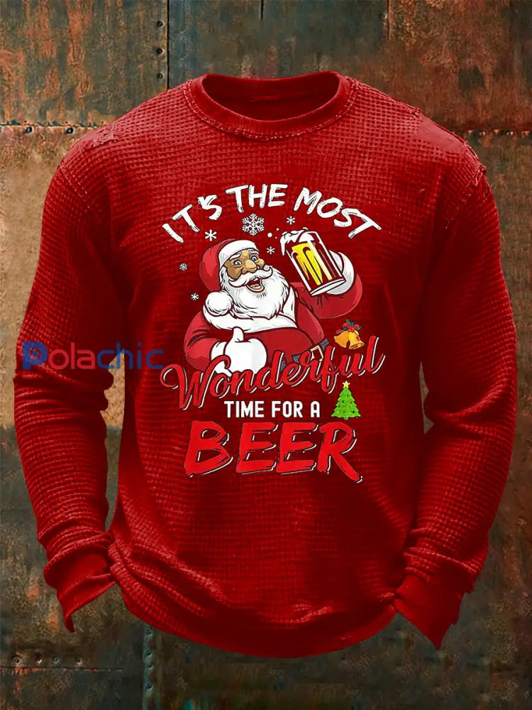 Funny Christmas Santa Claus Imprimer Waffle T-shirt à manches longues pour hommes Rouge / S