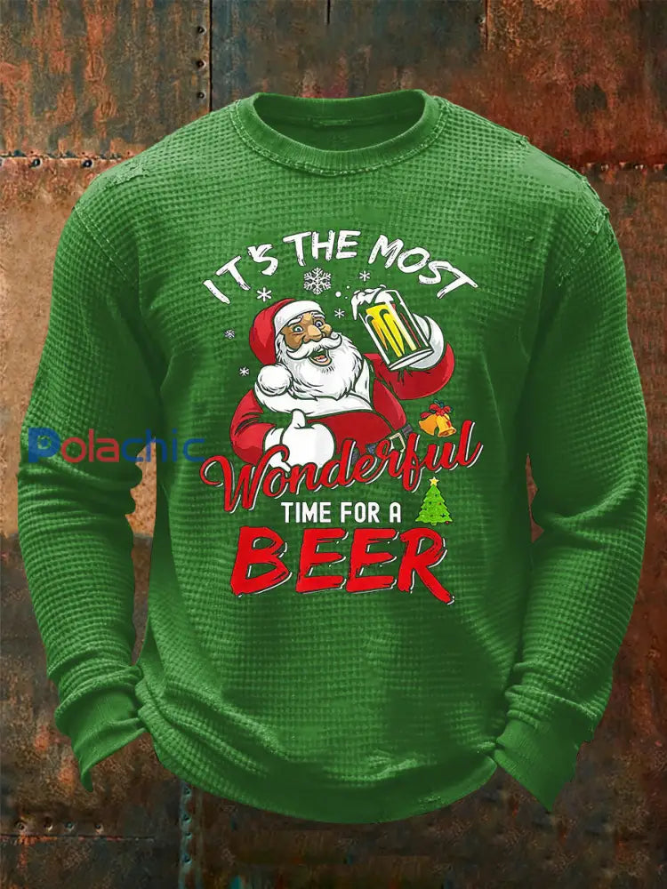 Funny Christmas Santa Claus Imprimer Waffle T-shirt à manches longues pour hommes Vert / S