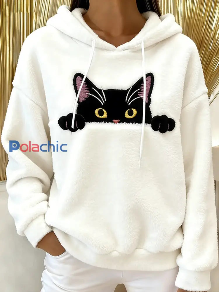 Funny Cute Cat Flannel Hoodie Femme Blanc / S