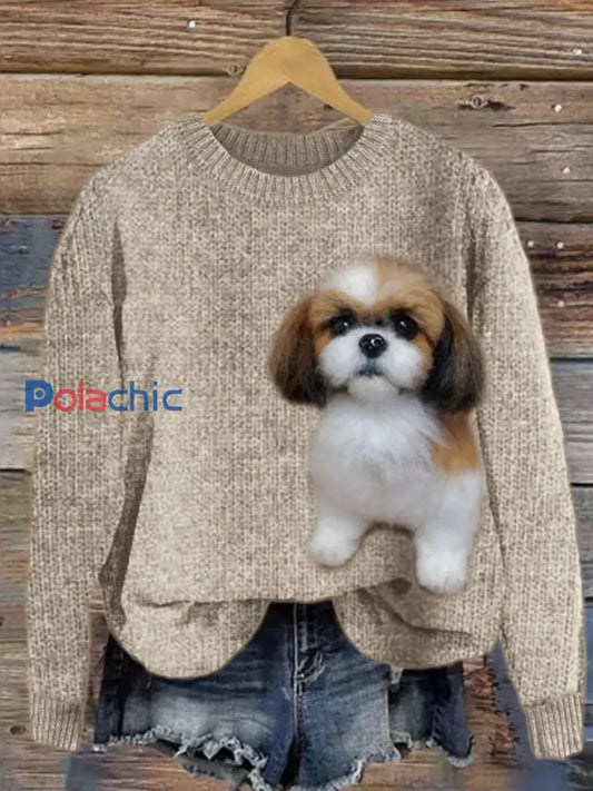 Fuzzy Shih Tzu Chien Feutre Cozy Pull Femme Kaki / S