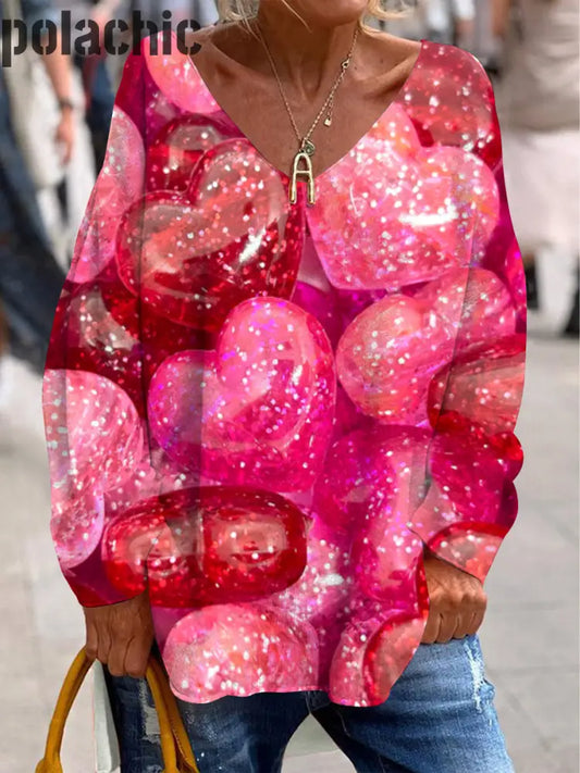 Glitter Candy Print Pull À La Mode Col En V Casual Loose Manches Longues Top De Saint-Valentin A / S