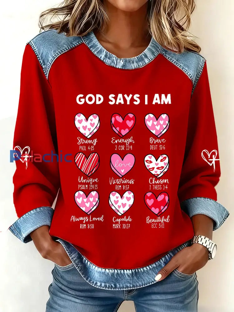 God Says I Am Valentine Denim Patchwork Top Femme Rouge / S