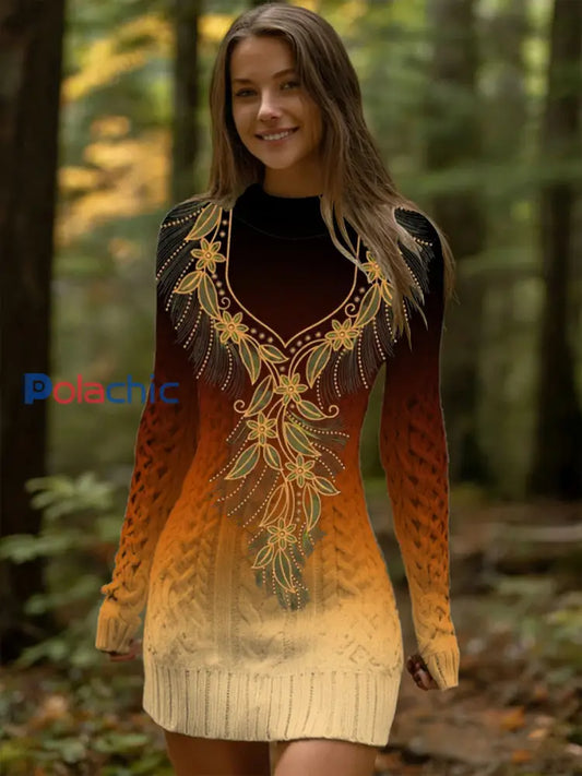 Gracieux Ombre Orange Floral Agrémentée Tricot Robe Femme Multicolore / S