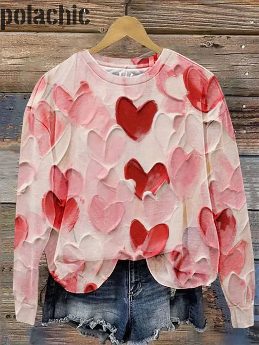 Gradient Rose Saint-Valentin Art Imprimé Col Rond Pull Loose Sweat À Manches Longues A / S