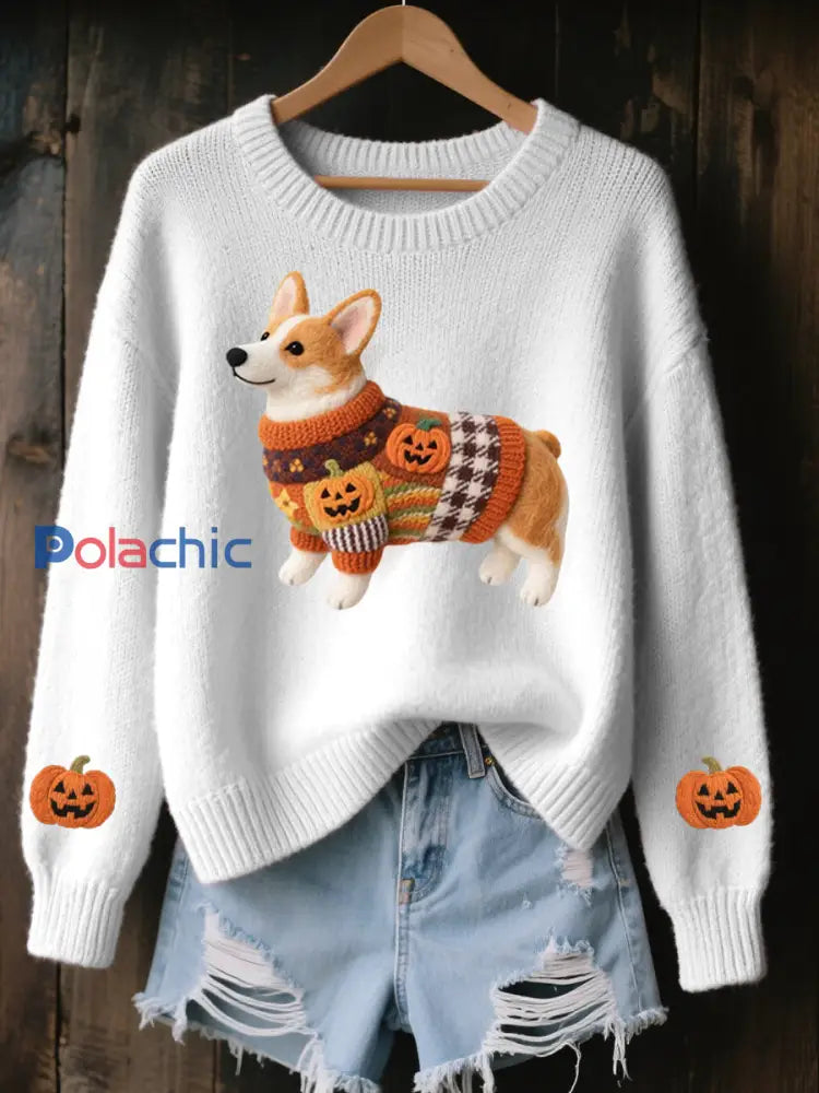 Halloween inspiré Corgi des femmes a senti le chandail en tricot confortable d’art Blanc / S