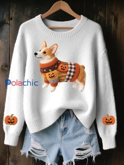 Halloween inspiré Corgi des femmes a senti le chandail en tricot confortable d’art Blanc / S
