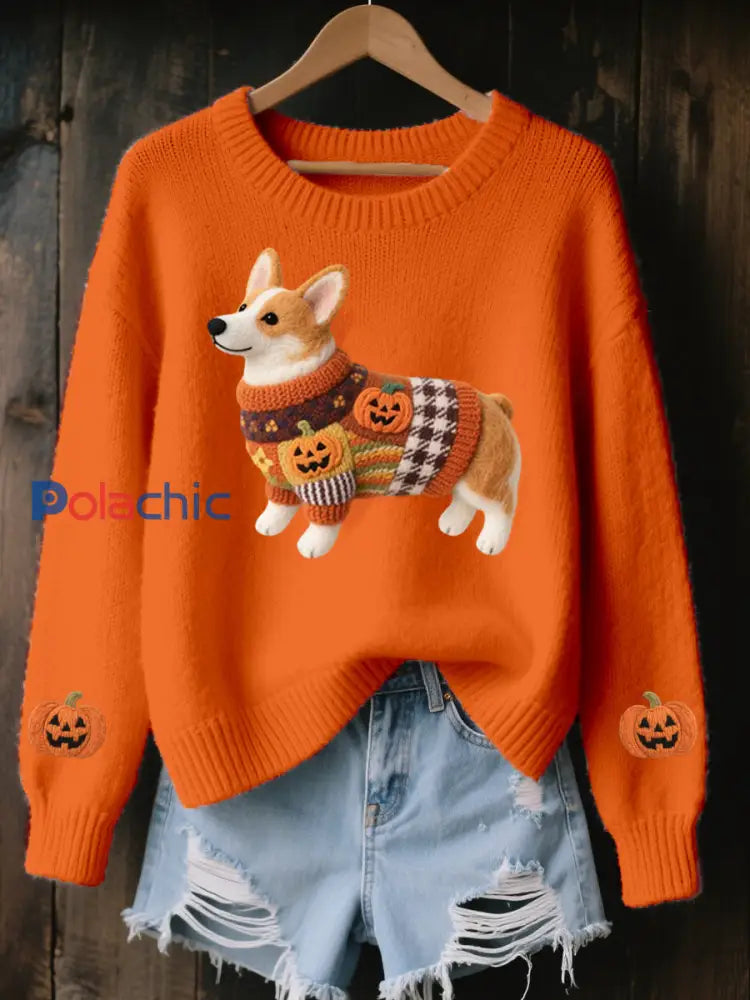 Halloween inspiré Corgi des femmes a senti le chandail en tricot confortable d’art Orange / S