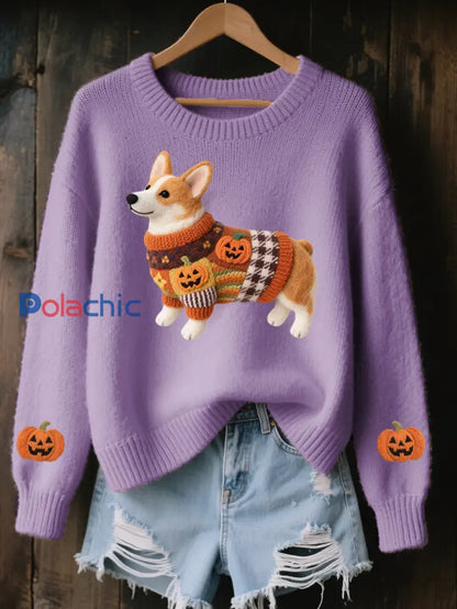 Halloween inspiré Corgi des femmes a senti le chandail en tricot confortable d’art Violet / S