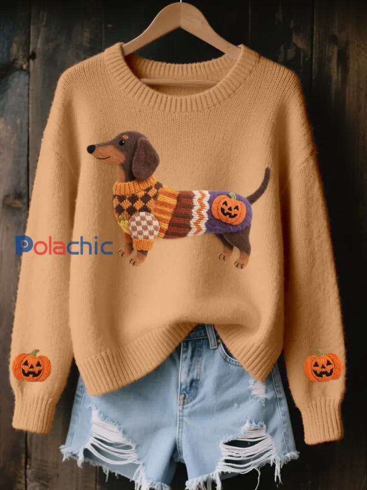Halloween inspiré des femmes teckel en feutre Art pull en tricot confortable Brun clair / S