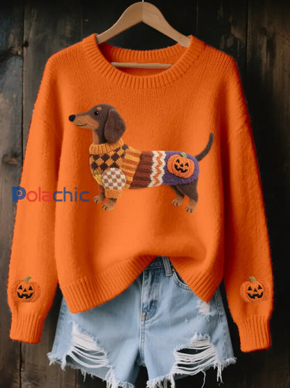 Halloween inspiré des femmes teckel en feutre Art pull en tricot confortable Orange / S