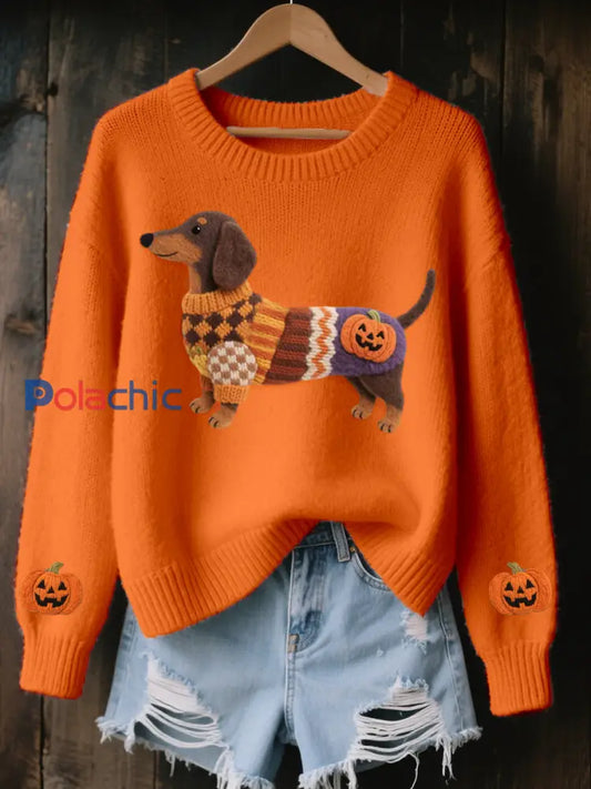 Halloween inspiré des femmes teckel en feutre Art pull en tricot confortable Orange / S