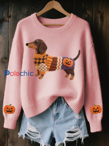 Halloween inspiré des femmes teckel en feutre Art pull en tricot confortable Rose / S