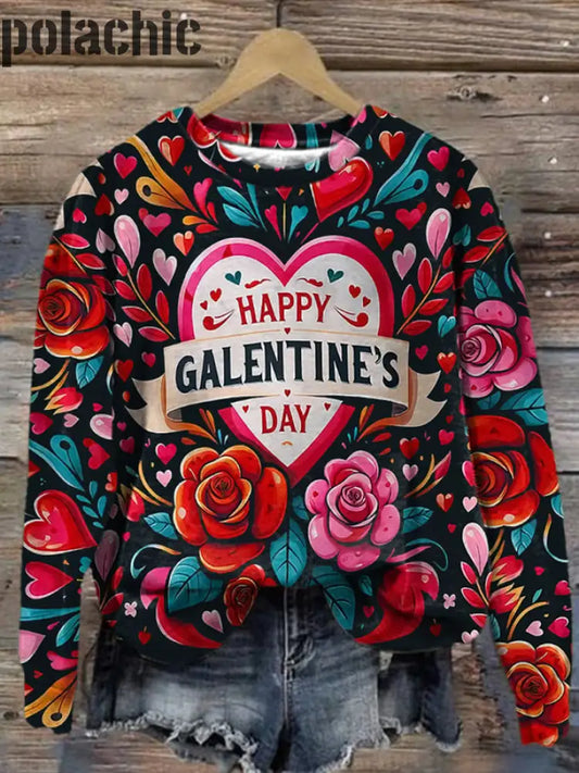 Happy Galentines Jour Imprimé Col Rond Pull Loose À Manches Longues Sweatshirt A / S