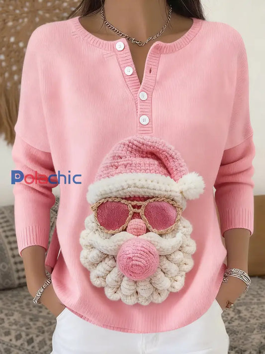 Haut à bouton imprimé Père Noël pour femmes Rose / S